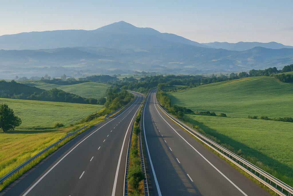 Veduta aerea dell'Autostrada del Sole che attraversa la campagna italiana, con colline e cielo limpido sullo sfondo.